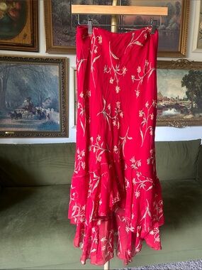 Vintage 100% Silk Floral Ruffled Midi Skirt